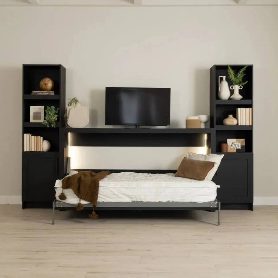 A Murphy Door® media console wall bed shown open in a minimalist black finish. Photo from murphydoor.com.