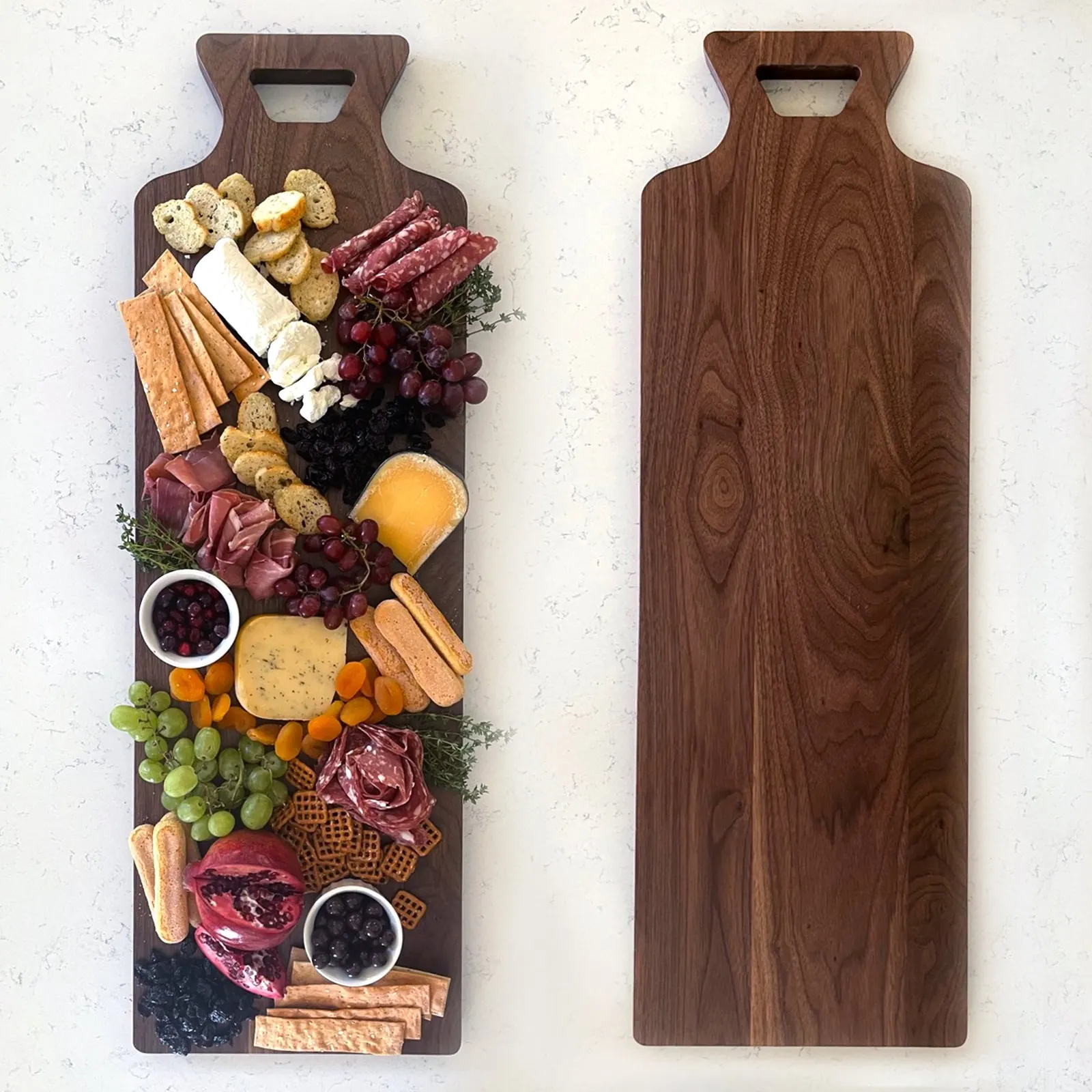 Walnut serving boards, one loaded with charcuterie, one bare. Photo from ultrashelf.com.