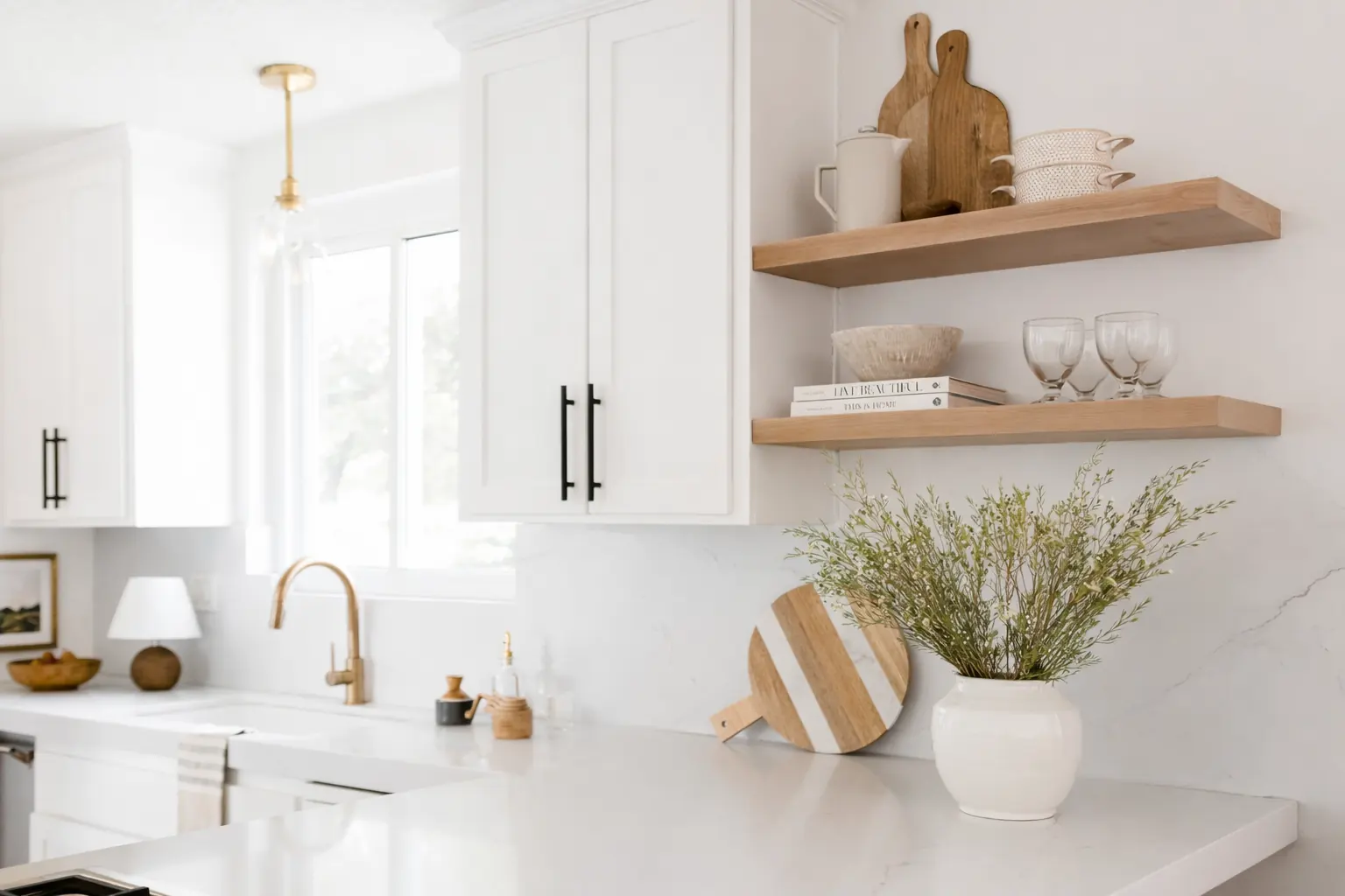 White oak floating corner shelves styled in a bright kitchen. Photo from ultrashelf.com.